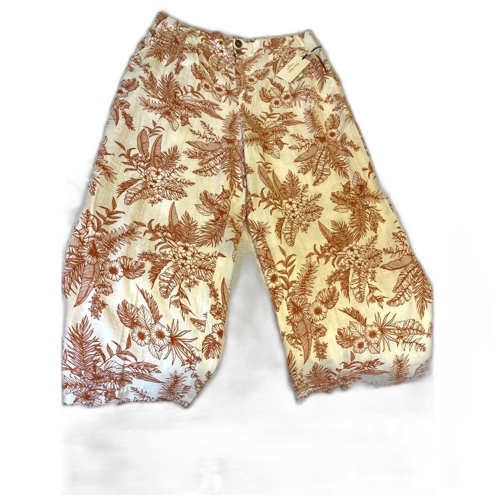 Women's Linen Pants Crop Sz L NEW Haver and Blair Pleated Whimsical Toile Print